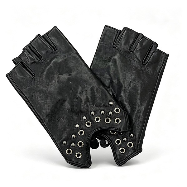 Stylish Punk Rivet Half Finger Genuine Goat Skin Short Thin Gloves